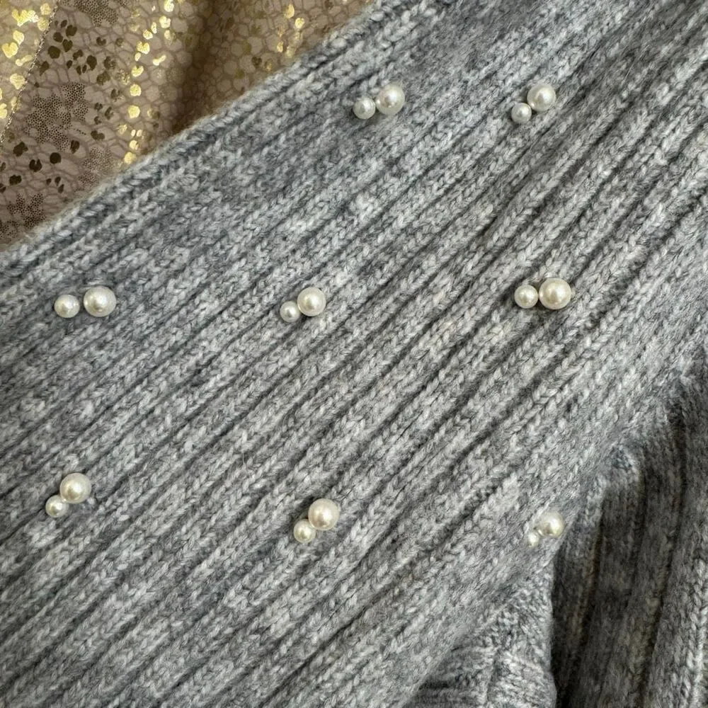 Lane Bryant Light Gray Ribbed Pearl Embellished-Sleeve Sweater 26/28 4X NWT